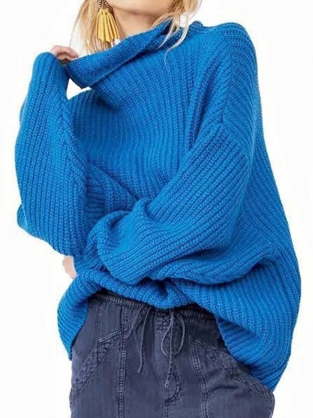 Free People Ottoman Slouchy Tunic Cowl Neck Sweater Blue large
